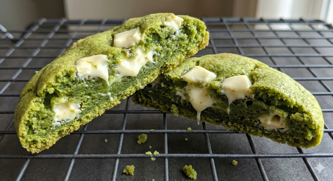 צילום מאקרו (תקריב) של עוגיית מאצ'ה עבה וחמימה החצויה לשניים, מונחת על רשת קירור שחורה. פנים העוגייה בצבע ירוק עז, ושוקולד לבן נמס ונוזלי נשפך מתוך החתך. פירורי עוגייה מפוזרים מסביב.