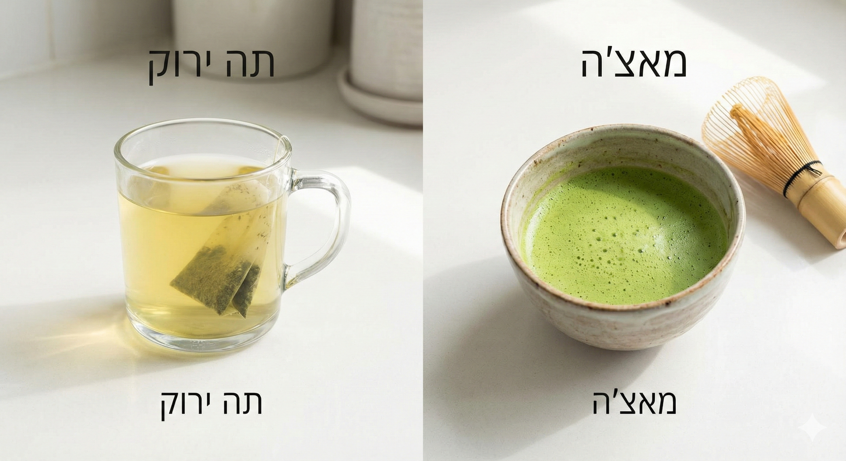 השוואה ויזואלית (Split screen). בצד אחד כוס זכוכית עם תה ירוק רגיל (צלול, עם תיון בפנים), ובצד השני קערת מאצ'ה עם משקה ירוק אטום, סמיך ומוקצף.אווירה: נקייה, מדעית-קלילה, אור טבעי.אלמנטים חשובים: להדגיש את ההבדל בצבע (ירוק חיוור מול ירוק זרחני).
