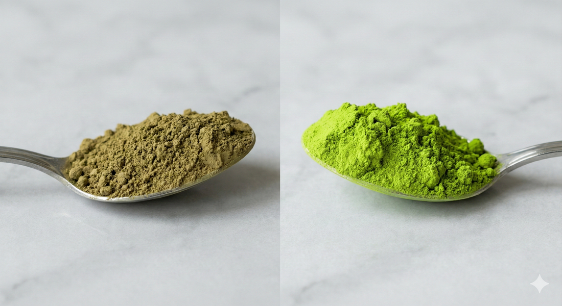 השוואה (Before/After) בתוך אותה תמונה. בצד ימין כפית עם אבקת מאצ'ה בצבע ירוק ניאון בוהק ורענן. בצד שמאל כפית עם אבקה בצבע ירוק-חום דהוי ויבש.רקע: שיש מטבח נקי בצבע אפור או לבן.טקסטורה: להדגיש את ה"אבקתיות" והצבע.