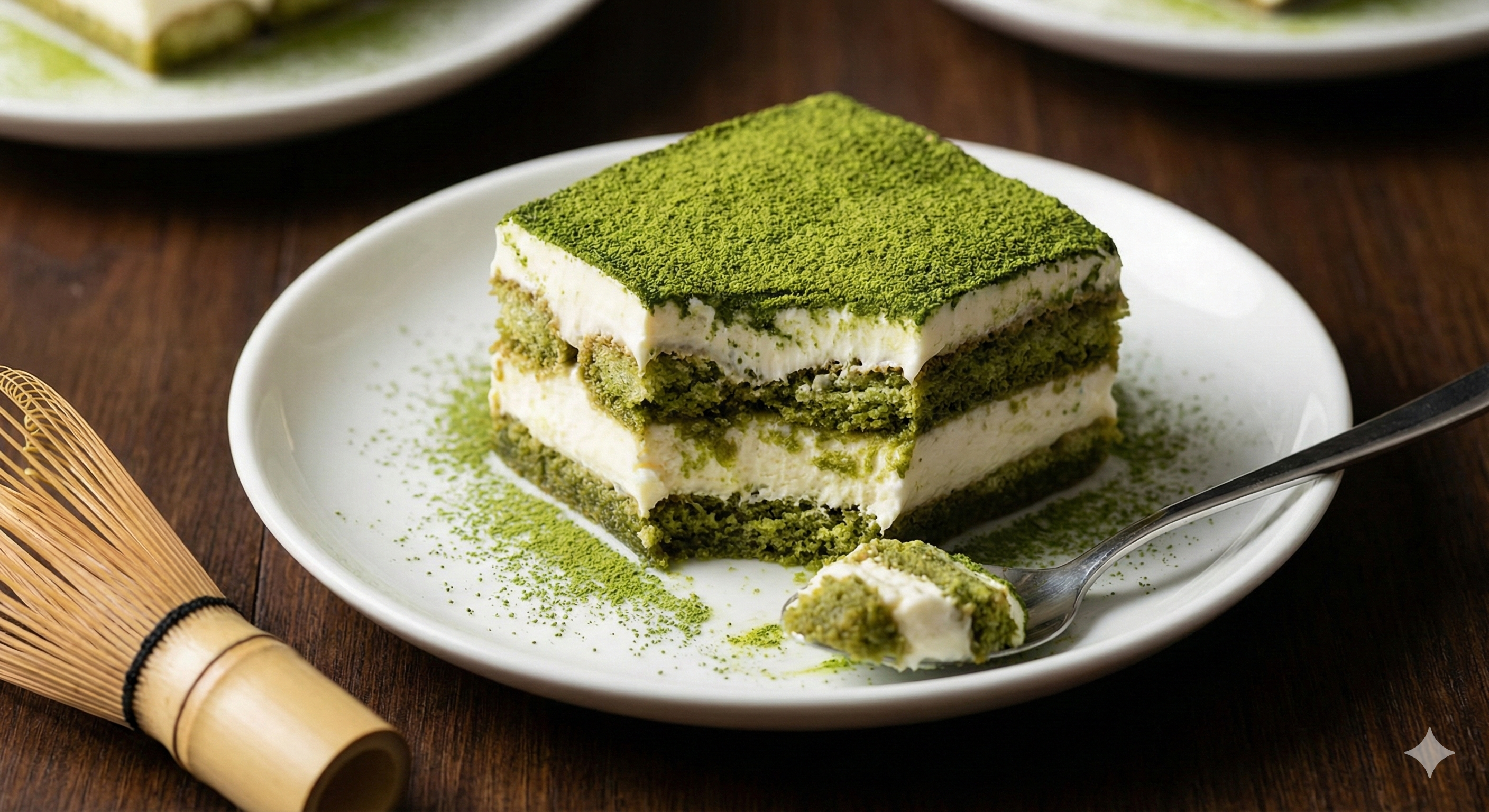 חתיכה מרובעת ויפה של טירמיסו מאצ'ה על צלחת קינוח לבנה. רואים בבירור את השכבות: בישקוטים ספוגים בנוזל ירוק, קרם לבן עבה, ושכבת אבקה ירוקה קטיפתית מלמעלה.אווירה: Food Porn, יוקרתי, מגרה.רקע: אפשר להניח ליד הצלחת את המטרפה (Chasen) וכפית ביס שנלקחה מהעוגה.