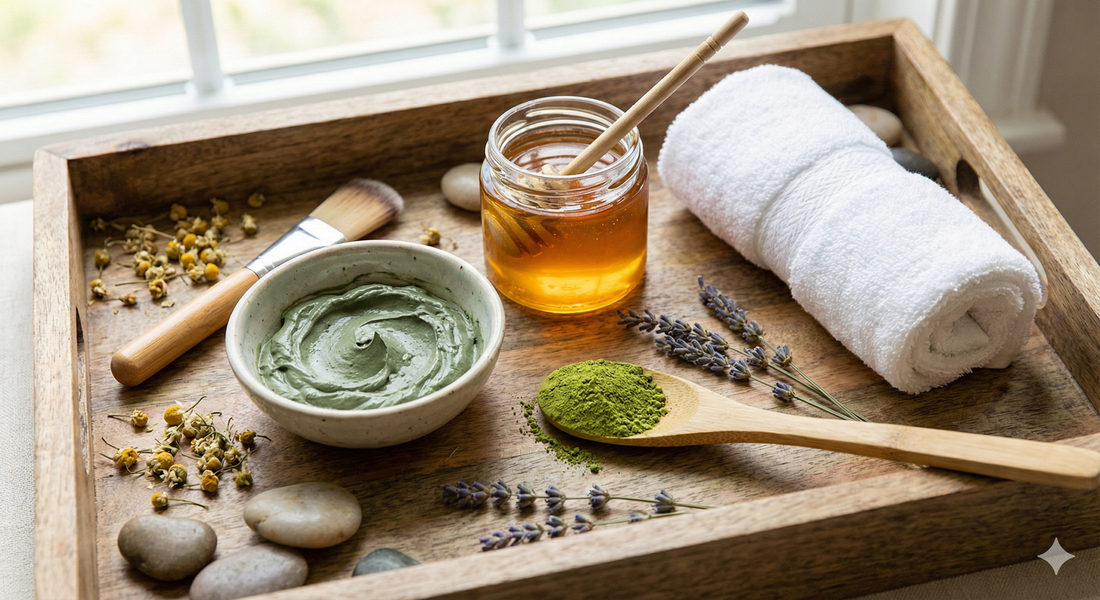 תמונת "אווירה" (Flat lay) של ערכת ספא ביתית. על מגש עץ מונחים: קערית קרמיקה קטנה עם משחה ירוקה סמיכה, מברשת מריחה, צנצנת דבש פתוחה, כף במבוק עם אבקת מאצ'ה, ומגבת פנים לבנה מגולגלת בצד.תאורה: רכה, טבעית, מרגיעה.