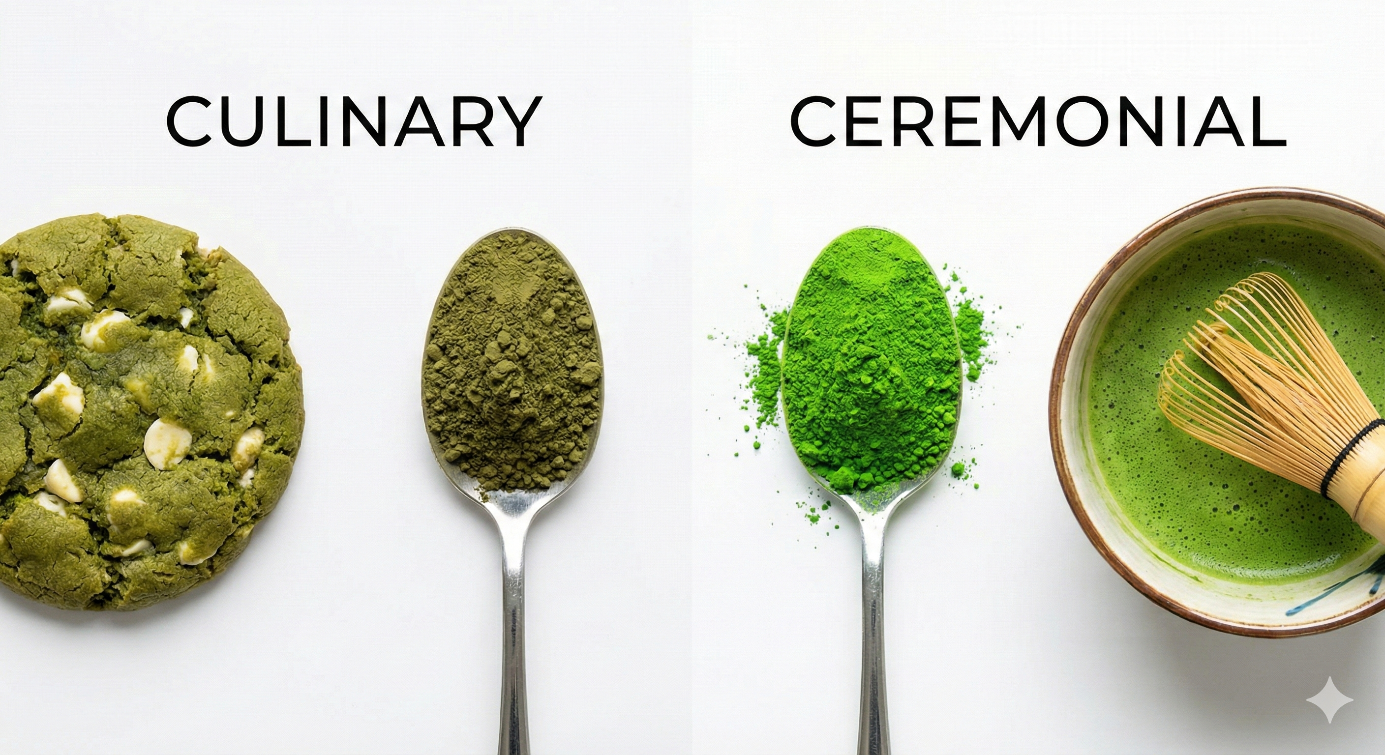 השוואה ברורה (Split Screen). בצד ימין כף עם אבקה בצבע ירוק-אמרלד בוהק ולידה כוס משקה מוקצף. בצד שמאל כף עם אבקה בצבע ירוק-זית כהה ולידה עוגייה. כיתוב על התמונה (אופציונלי): Ceremonial vs. Culinary. רקע: נקי, מינימליסטי, שחור או לבן כדי להבליט את הצבעים.