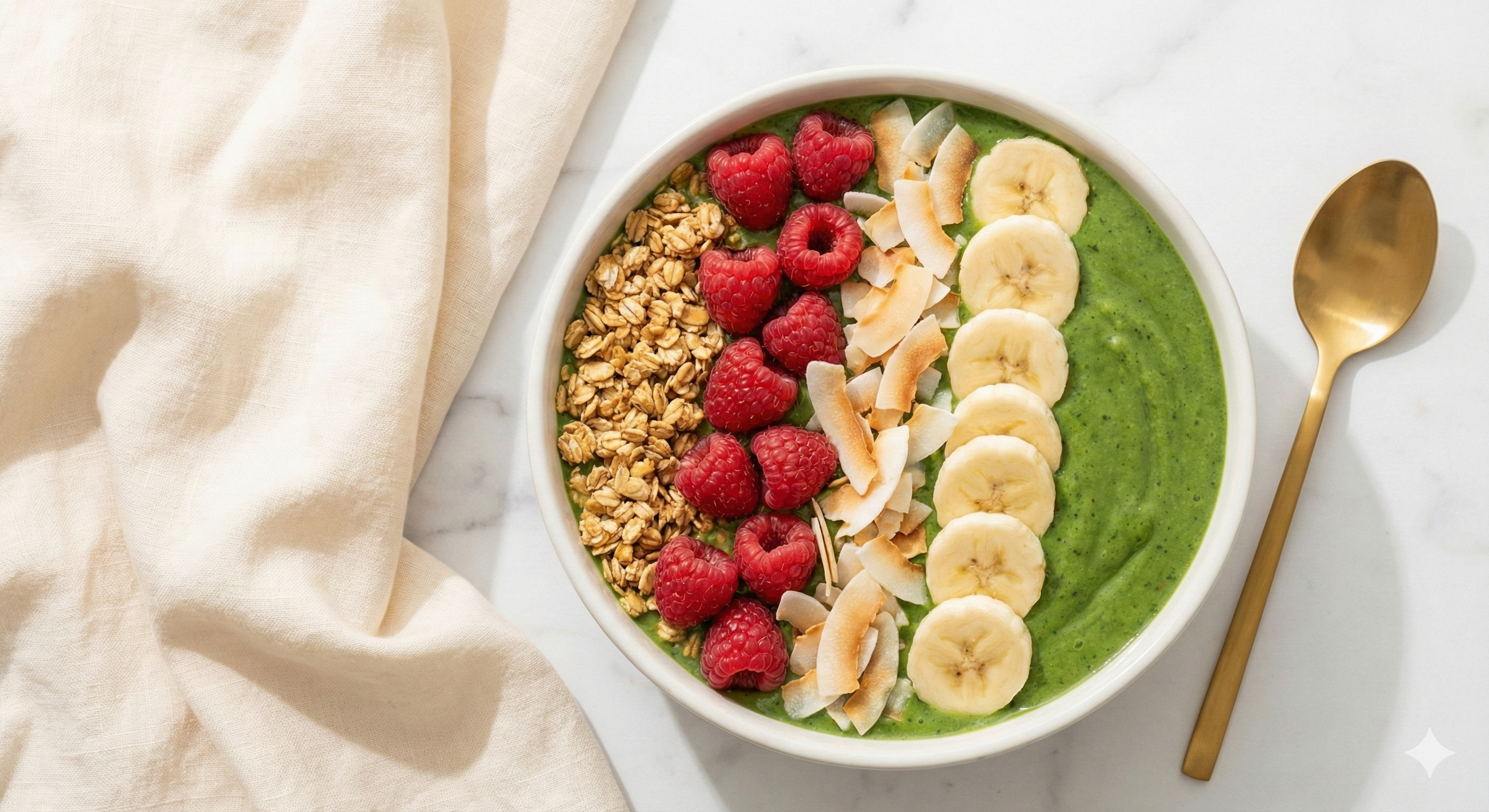 צילום עילי (Flat Lay) של קערת סמודי ירוקה וסמיכה. הקערה מקושטת בצורה אומנותית בשורות של: גרנולה, פטל אדום, שבבי קוקוס לבנים ופרוסות בננה.רקע: משטח שיש או עץ בהיר, עם כפית זהובה בצד ומפית בד רכה.אווירה: בוקר בריא, רעננות, לייף סטייל.