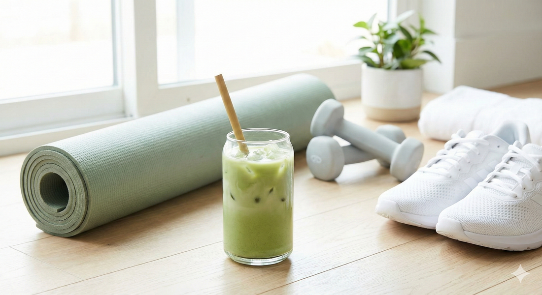 תמונת אווירה המשלבת בריאות ואנרגיה: כוס אייס מאצ'ה לאטה עם קש במבוק מונחת על רצפת פרקט מוארת באור טבעי, לצד ציוד ספורט הכולל מזרן יוגה ירוק מגולגל, זוג משקולות יד אפורות ונעלי ריצה לבנות.