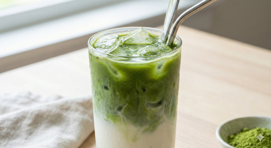 כוס זכוכית גבוהה עם משקה מאצ'ה לאטה קר (Iced Matcha Latte) המציגה שכבות של חלב, קרח ומאצ'ה ירוקה.