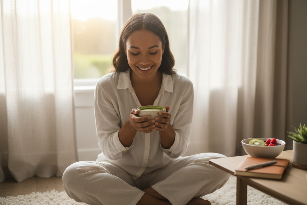 אישה צעירה וזוהרת, יושבת באזור מואר (אולי ליד חלון עם שמש בוקר), מחזיקה בשתי ידיים כוס מאצ'ה ירוקה וחמה ומחייכת חיוך רגוע.